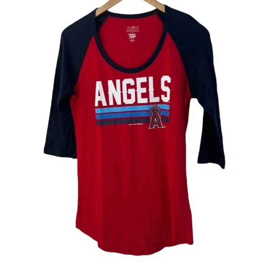 MLB Angels Baseball Womens Medium Round neck 3/4 sleeve 100% Cotton‎ T-shirt New